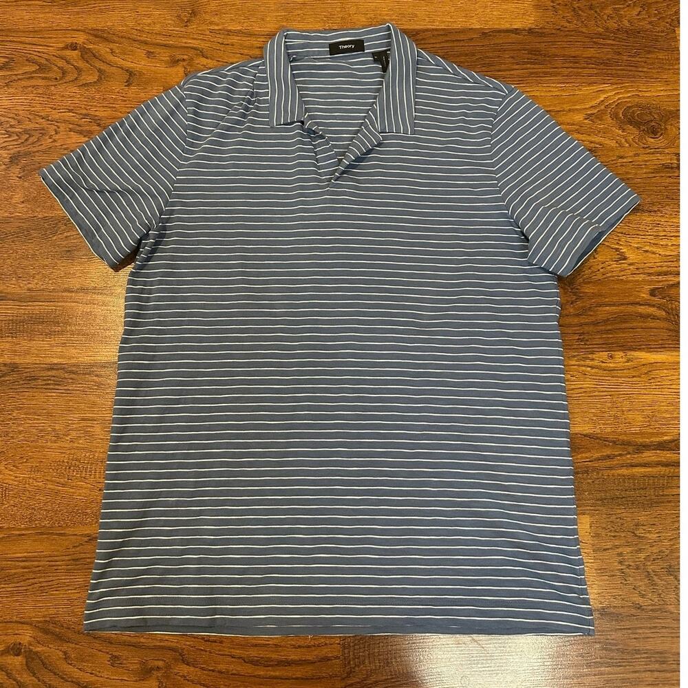 Theory Brenan Polo Shirt Men’s XL Blue White Stripe Cotton Refined Simplicity